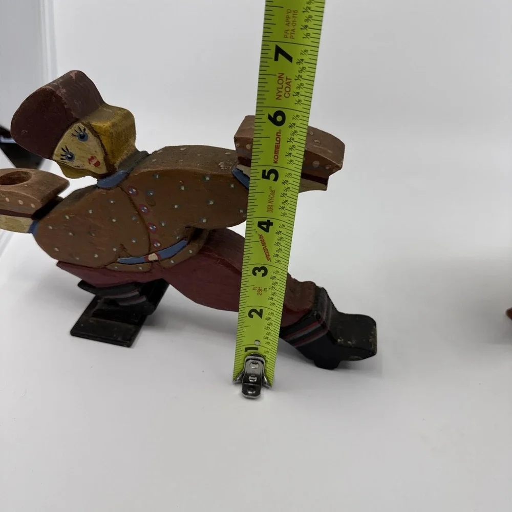 Vintage Pair of Folk Art Wooden Jumping People‎ Candle Stick Holders 6